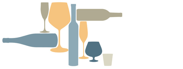 Liquor bottles and glassware are seen silhouetted in color in this background illustration.  This is an illustration.