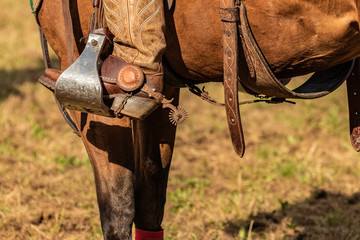 Lovely crafted silver and iron stirrups and brown leather saddle, american cowboy warming up before...