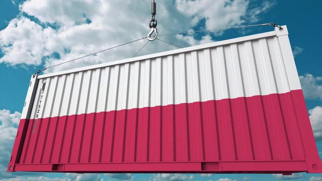 Cargo container with flag of Poland. Polish import or export related conceptual 3D animation