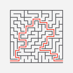 Abstract square maze. Game for kids. Puzzle for children. One entrances, one exit. Labyrinth conundrum. Simple flat vector illustration isolated on white background. With answer.