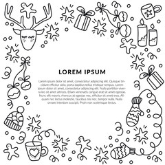 Obraz premium Winter holidays background for your invitation, flyer, card, poster, t-shirt design or blog post. Black and white theme. Line art.