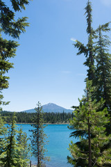 Lava Lake, along the Cascade Lakes Scenic Byway near Bend Oregon, with Mt. Bachelor in the background. Framed by trees