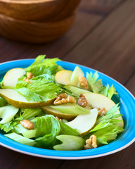 Fresh celery, pear and walnut salad on blue plate, photographed with natural light (Selective Focus, Focus in the middle of the salad)