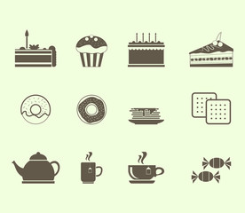 Set of 12 icons for tea drinking. Tea and various sweets.