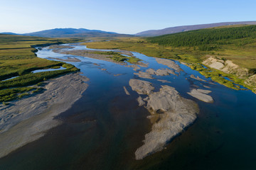 View of the Langotegan River (survey from a quadrocopter). Yamal, Russia