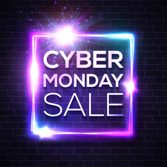 Neon sign with Cyber Monday text for decoration and covering on brick wall background. Advertising banner or flyer design template. Sale and discount concept. Realistic vector illustration.