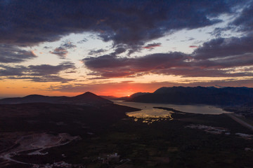 aerial view of sunset over tivat in kotor bay