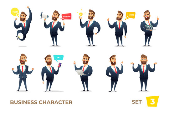 Businessman Collection. Bearded Charming Business Men In Different Situations. Modern Character Design.