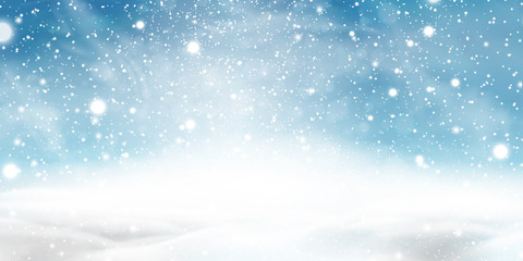 Natural Winter Christmas background with blue sky, heavy snowfall, snowflakes in different shapes and forms, snowdrifts. Winter landscape with falling christmas shining beautiful snow.