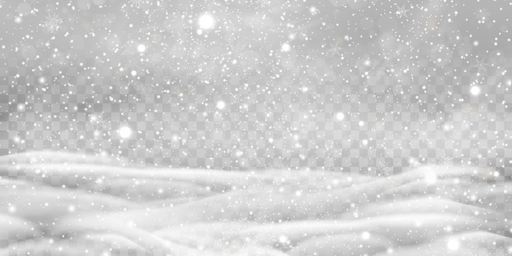 Falling Christmas Shining transparent beautiful, little snow with snowdrifts isolated on transparent background. Snowflakes, snow background. Heavy snowfall, snowflakes in different shapes and forms.