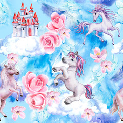 Children's girl pattern with unicorns and castle. Wallpaper with roses, horses. Cheerful little unicorns. Seamless pattern. Illustration. Template. Watercolor. Hand drawing Clip art.