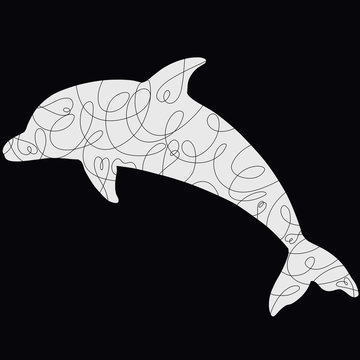 White silhouette of a dolphin with an intricate pattern on a black background