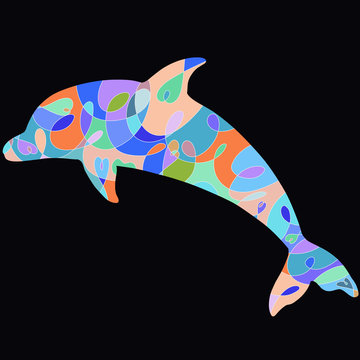 Patterned colorful dolphin on a black background
