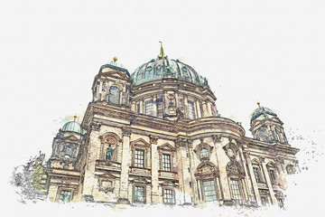 A watercolor sketch or illustration of the Berlin Cathedral called Berliner Dom. Berlin, Germany. City architecture.