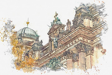 A watercolor sketch or illustration of the Berlin Cathedral called Berliner Dom. Berlin, Germany. City architecture. © franz12
