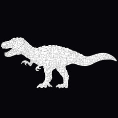 White silhouette of a dinosaur with a pattern of broken lines and geometric shapes on a black background