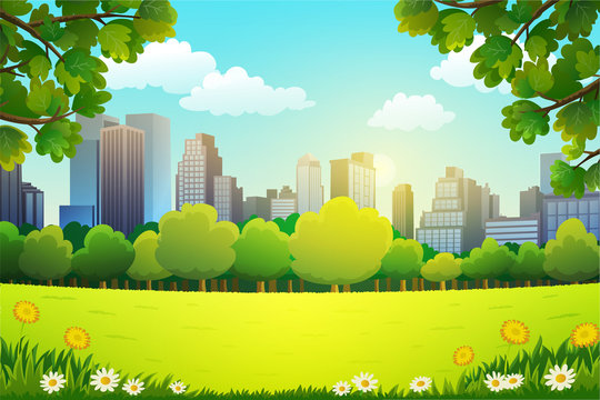 Vector illustration of central park with skyscrapers background in spring.