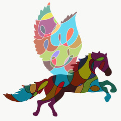 Silhouette of a winged horse with a creative colorful pattern.