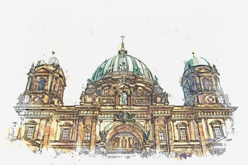 Fototapeta na wymiar A watercolor sketch or illustration of the Berlin Cathedral called Berliner Dom. Berlin, Germany. City architecture.