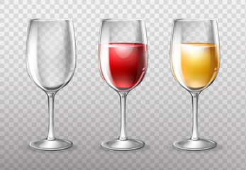 Three wine glasses, empty and full of red and white wine, vector 3D realistic illustration isolated on background. Transparent glassware, element design for menu, shop windows