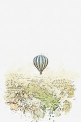 A watercolor sketch or illustration. Hot air balloon in the sky in Kapadokia in Turkey. The famous tourist attraction of Cappadocia is an air flight.