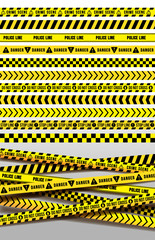Set of black and yellow police stripe border. Creative danger caution seamless tapes. Art design line of crime places. Construction sign vector. Isolated on white background.
