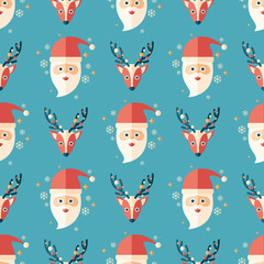 Santa and rein deer flat art seamless pattern.