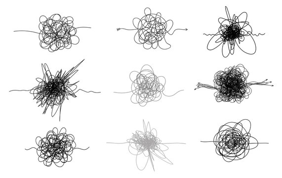 Set of hand drawn scrawl sketch. Freehand drawing. Black and white and color abstract scribbles, chaos doodles. Vector illustration. Isolated on white background.