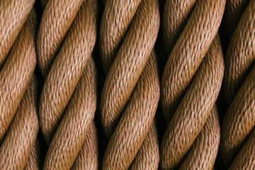 Thick brown rope rolled into a roll. Vertical layout