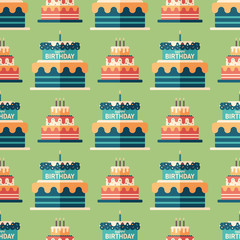 Happy birthday cakes flat art seamless pattern.