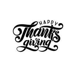 Vector Hand drawn Happy Thanksgiving Lettering text, , fallen leaves in ellipse shape. Autumn festive calligraphy.