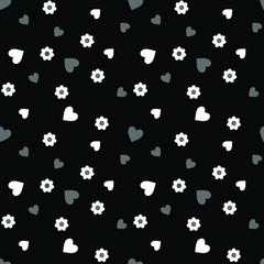 Fototapeta na wymiar Seamless pattern with white and gray hearts and flowers on a black background. Vector illustration