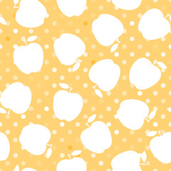 Apple white silhouette on a yellow polka dot. Seamless pattern. Vector illustration.
