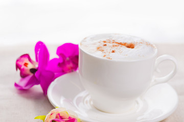 white cup of coffee on a background of scattered flower buds on a white background