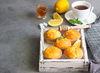 Homemade lemon muffins with honey, mint and cup of tea for breakfast on a concrete background