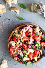 Panzanella, traditional Italian bread, tomato and basil salad. Summer healthy food. Copy space.