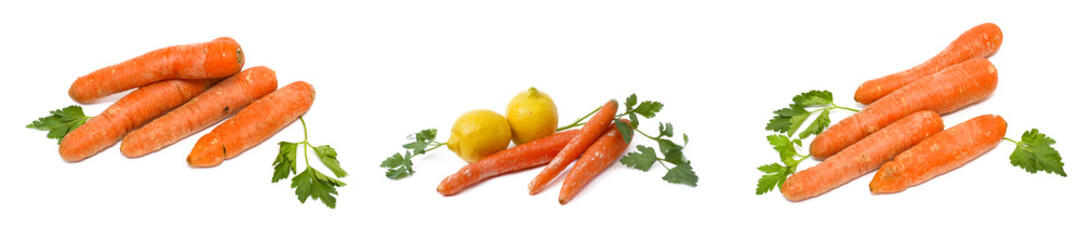 Carrots on a white background. Lemon with apples and kiwi on white background. Carrots with fruits on a white background.