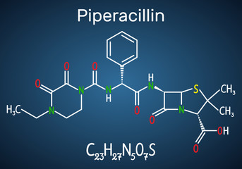 Piperacillin molecule. It is antibiotic drug. Structural chemical formula and molecule model on the dark blue background