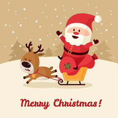 Santa Claus with deer on sleigh with bag of gifts