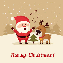 Santa Claus with deer singing near Christmas tree