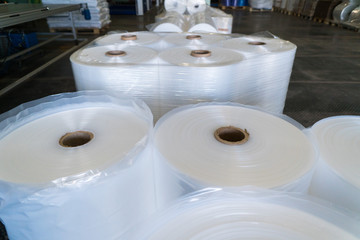 rolls of polyethylene or polypropylene film in a warehouse