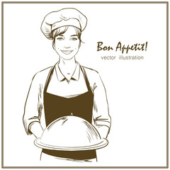 Smiling and happy female chef. Woman chef is holding a restaurant cloche. Hand drawn vector illustration.