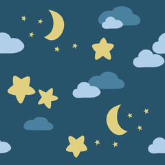vector color blue dark sky moon star cloud seamless pattern doodle scandinavian style