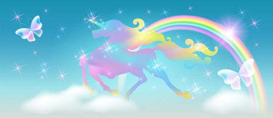 Fototapeta na wymiar Rainbow in the sky and galloping unicorn with luxurious winding mane against the background of the iridescent universe with sparkling stars