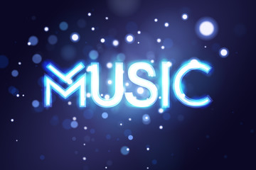 Music neon sing. Night club banner, logo, emblem and label. Bright signboard, light banner with Music sign. Vector illustration.