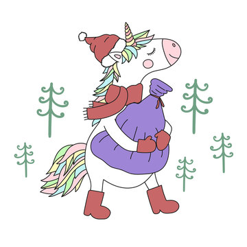 Vector image of an unicorn in a hat, scarf and boots with a bag of gifts. Greeting card with christmas trees on the background. Concept of winter holidays and new year.