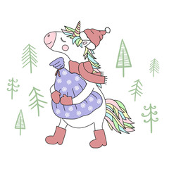 Vector image of a unicorn in a hat, scarf and boots with a bag of gifts. Greeting card. Concept for New Year, Christmas and winter holidays.