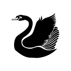 Black Swan with raised wings. Stylized monochrome vector isolated image.