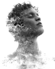 Paintography. Double exposure of an attractive model combined with hand drawn ink paintings with...