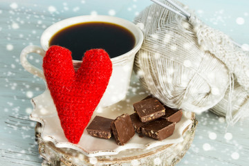 Coffee, chocolate and knitting. Concept of women's winter hobby. Women's crafts.